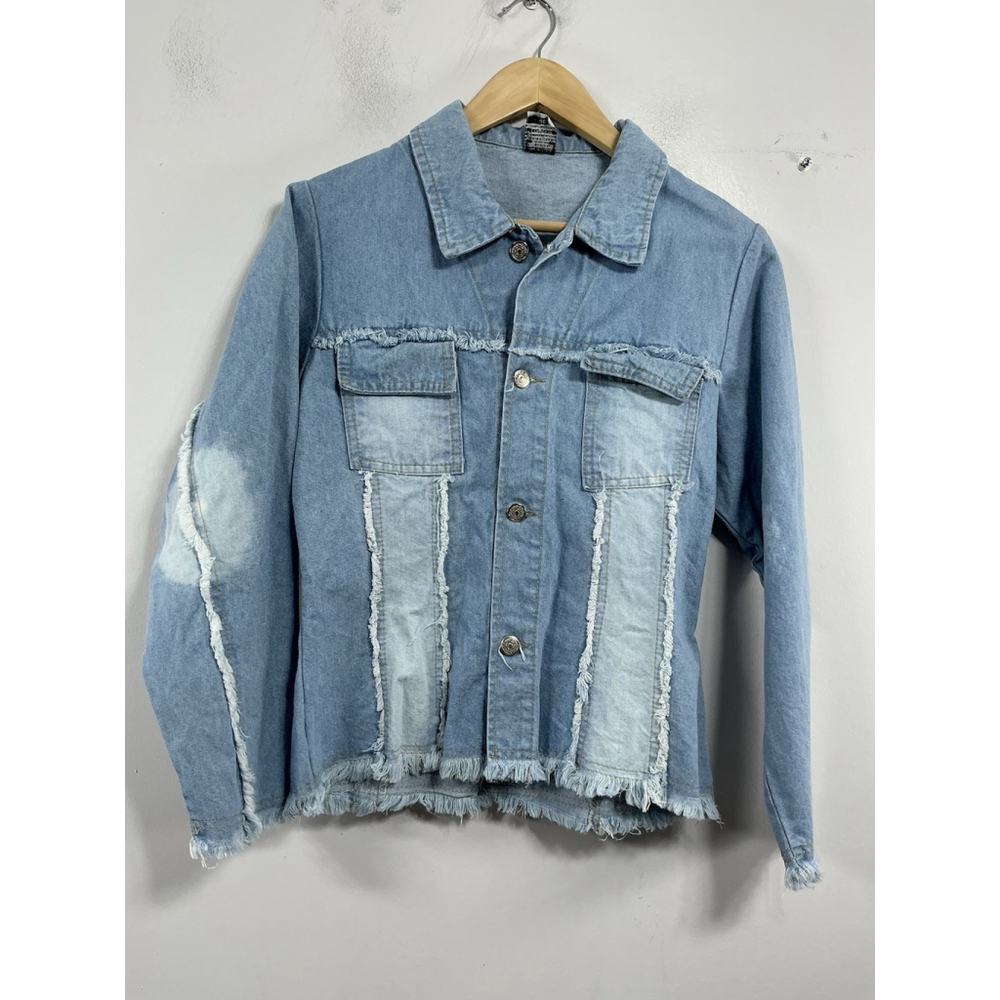 Womans Excellent Cowboy Blue Jean Jacket 44 (us 12) Button Up Fitted Frayed